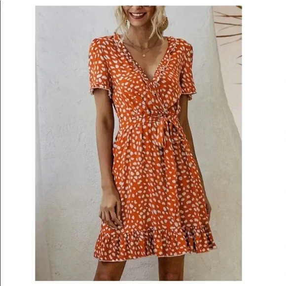 🆕Boho Trendy Orange & White Abstrac Dot Surplice Dress M🆕 - Picture 1 of 11